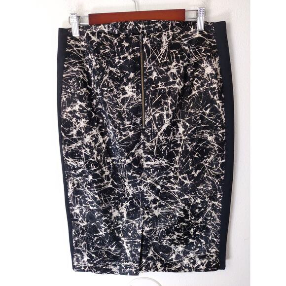 Cue Women's Black Ivory White Marble Print Contrast Stripe Pencil Skirt Size 14 - Picture 4 of 7